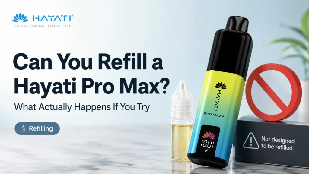 Hayati Pro Max Plus beside an e-liquid bottle and a no-entry sign, labelled not designed to be refilled