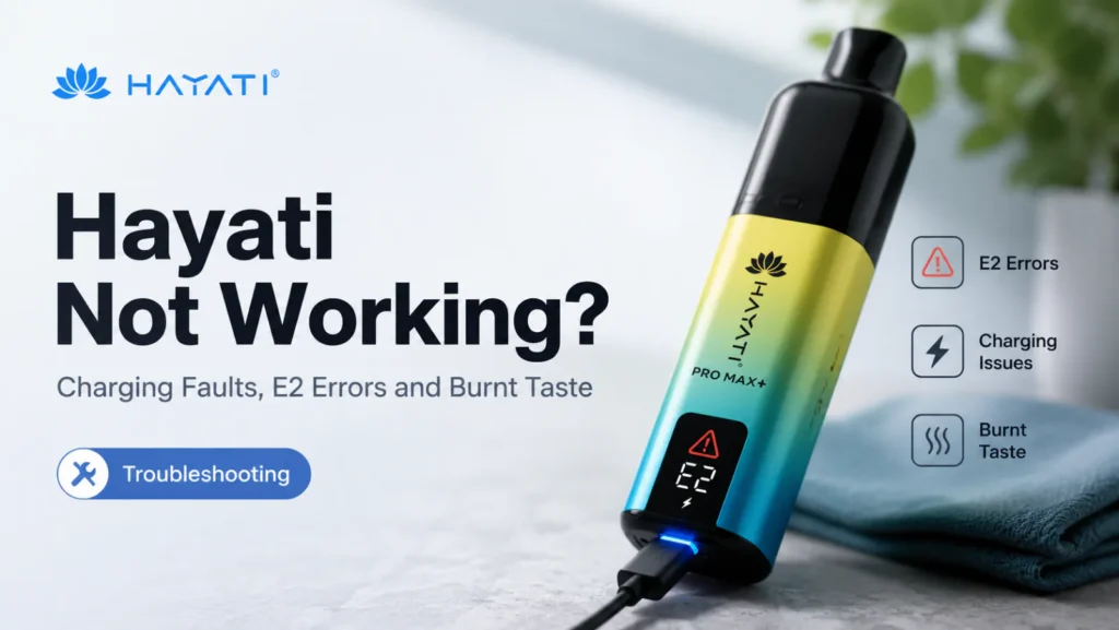 Hayati Pro Max Plus on charge showing an E2 error, with icons for charging issues and burnt taste