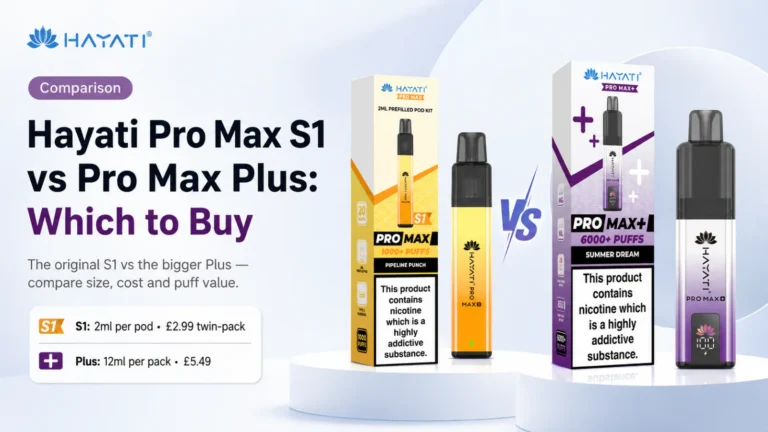 Hayati Pro Max S1 in yellow beside the purple Pro Max Plus, with their boxes, comparing 1000 and 6000 puff kits
