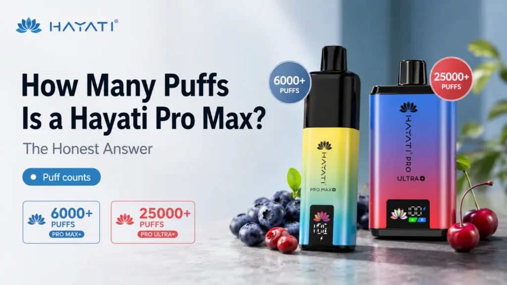 Hayati Pro Max Plus and Pro Ultra Plus side by side, labelled 6000 plus puffs and 25000 plus puffs