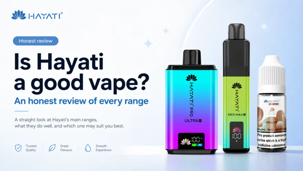 Hayati Pro Ultra Plus, Pro Max Plus and a Pro Max nic salt bottle side by side, with an honest review label