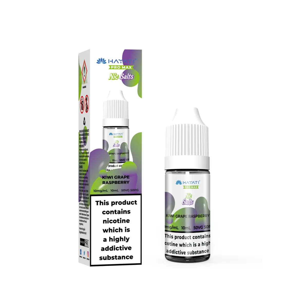 Kiwi Grape Raspberry Hayati Pro Max nic salt, 10ml bottle and box, 10mg