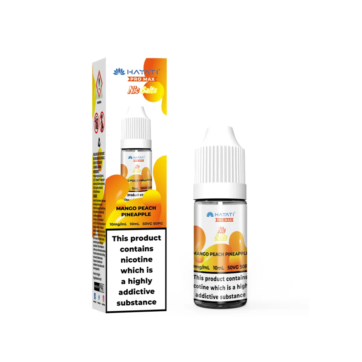 Mango Peach Pineapple Hayati Pro Max nic salt, 10ml bottle and box, 10mg