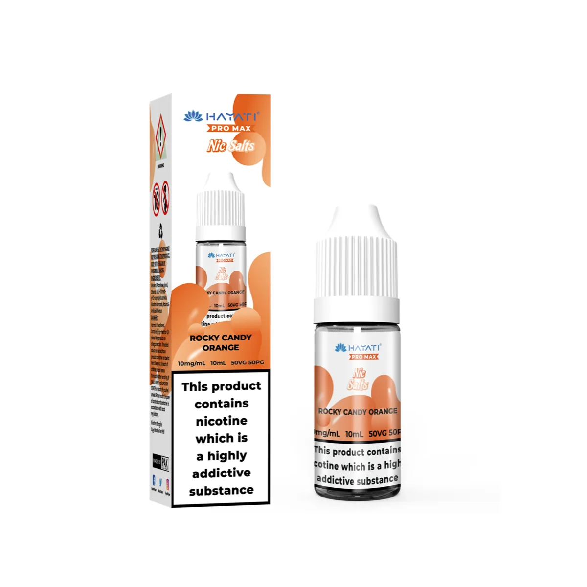 Rocky Candy Orange Hayati Pro Max nic salt, 10ml bottle and box, 10mg