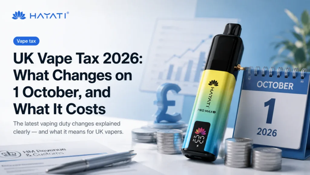 Hayati Pro Max beside a calendar showing 1 October 2026 and an HMRC document, illustrating the UK vaping products duty