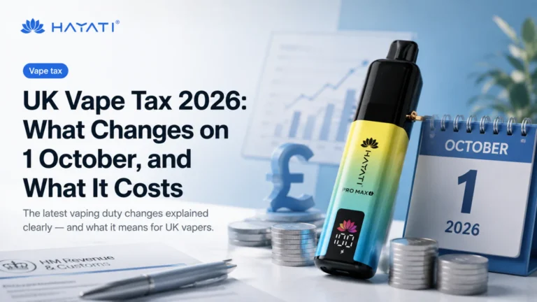 Hayati Pro Max beside a calendar showing 1 October 2026 and an HMRC document, illustrating the UK vaping products duty