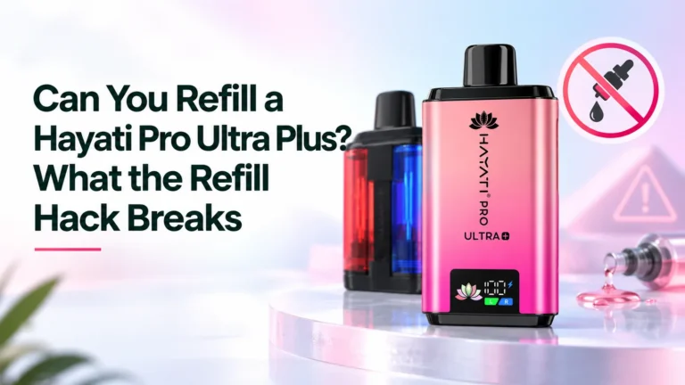 A pink Hayati Pro Ultra Plus 25000 beside a red and blue twin-tank pack, with a spilled e-liquid bottle and a no-refill sign