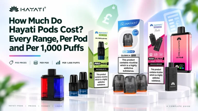 Hayati Pro Max S1, Quokka and Mini Ultra pod boxes with their pods, beside a pink Pro Ultra Plus 25000 and a red and blue twin-tank pack